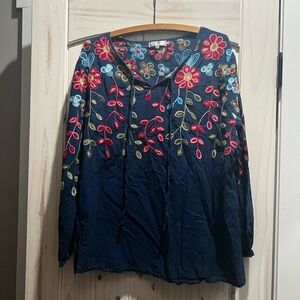 Navy Floral Embroidered Blouse